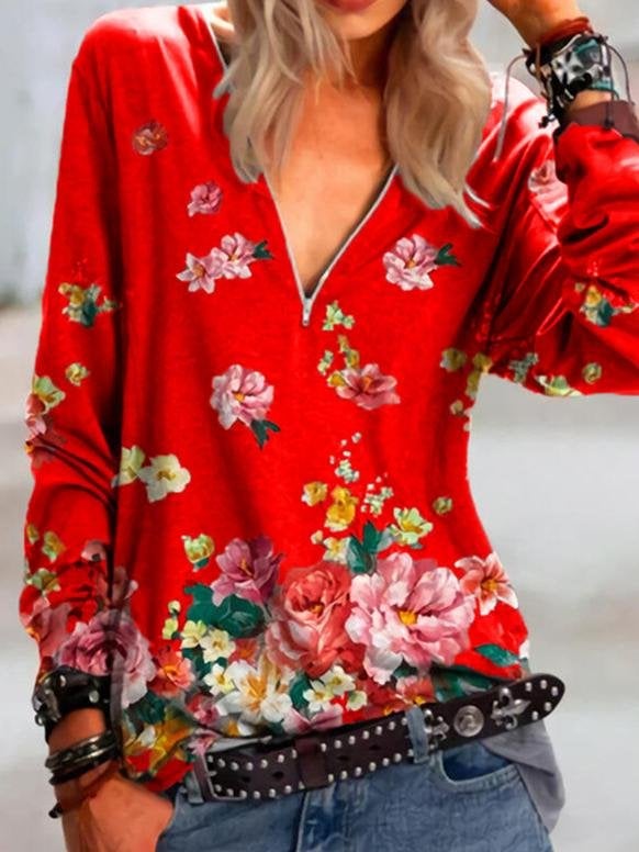 Floral Print Zipper V-neck Long Sleeve Blouse - Blouses - INS | Online Fashion Free Shipping Clothing, Dresses, Tops, Shoes - 24/05/2021 - BLO210524289 - Category_Blouses