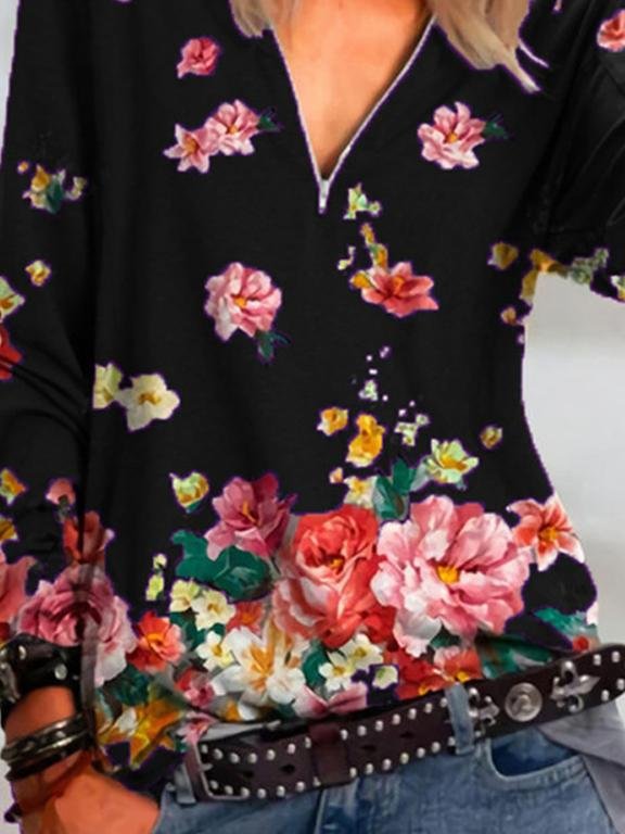 Floral Print Zipper V-neck Long Sleeve Blouse - Blouses - INS | Online Fashion Free Shipping Clothing, Dresses, Tops, Shoes - 24/05/2021 - BLO210524289 - Category_Blouses