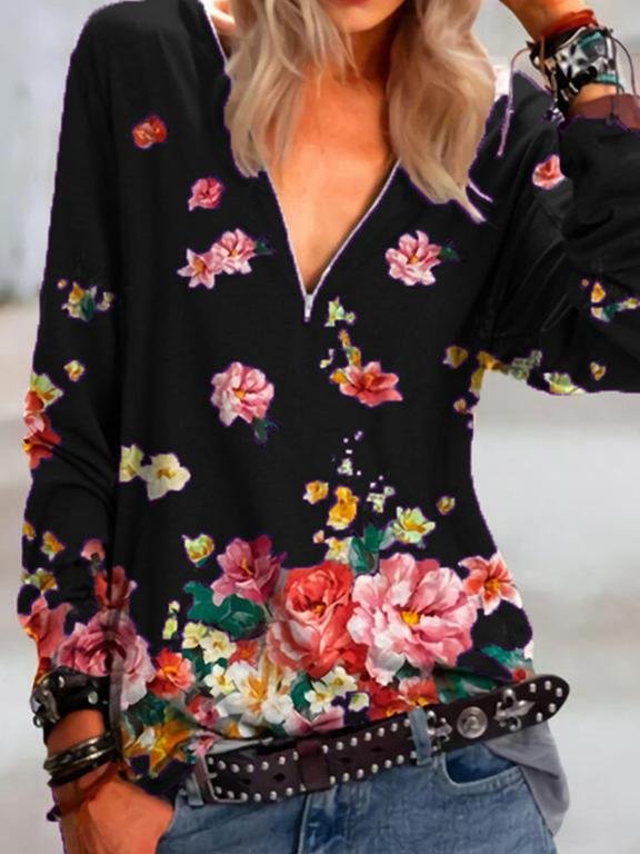 Floral Print Zipper V-neck Long Sleeve Blouse - Blouses - INS | Online Fashion Free Shipping Clothing, Dresses, Tops, Shoes - 24/05/2021 - BLO210524289 - Category_Blouses