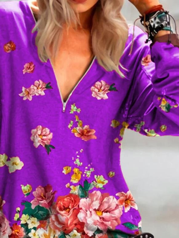 Floral Print Zipper V-neck Long Sleeve Blouse - Blouses - INS | Online Fashion Free Shipping Clothing, Dresses, Tops, Shoes - 24/05/2021 - BLO210524289 - Category_Blouses