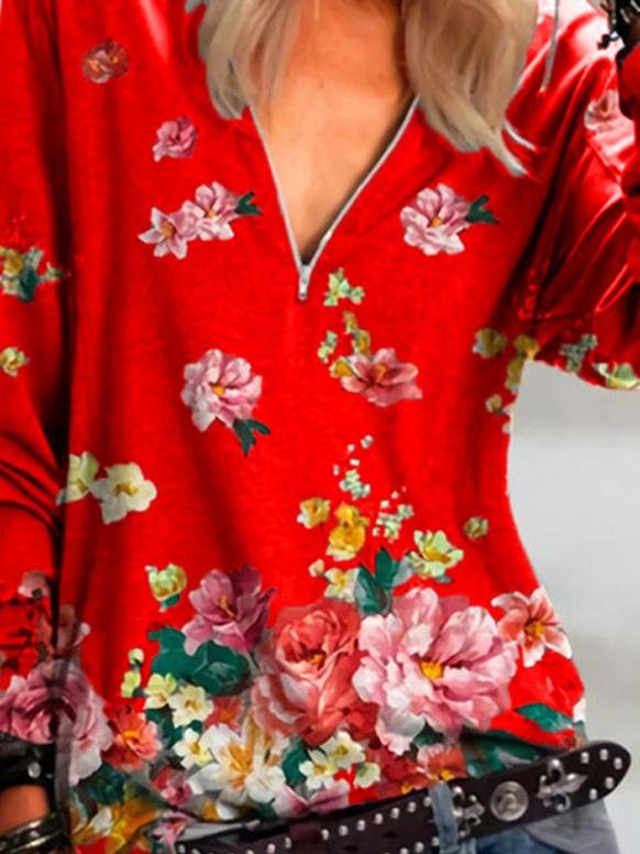 Floral Print Zipper V-neck Long Sleeve Blouse - Blouses - INS | Online Fashion Free Shipping Clothing, Dresses, Tops, Shoes - 24/05/2021 - BLO210524289 - Category_Blouses