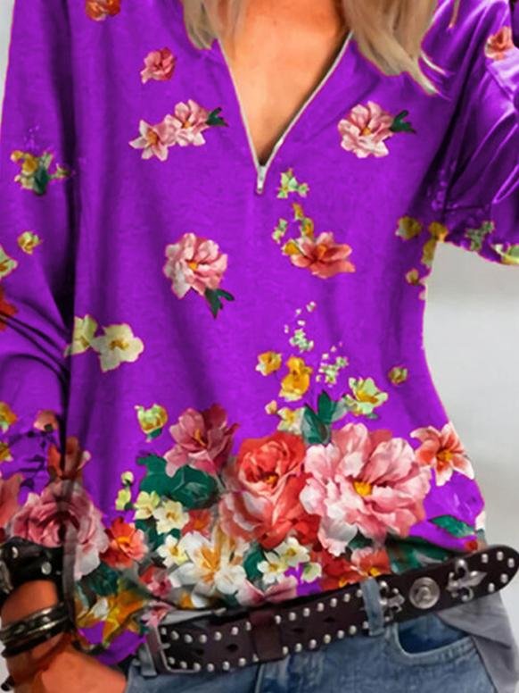 Floral Print Zipper V-neck Long Sleeve Blouse - Blouses - INS | Online Fashion Free Shipping Clothing, Dresses, Tops, Shoes - 24/05/2021 - BLO210524289 - Category_Blouses