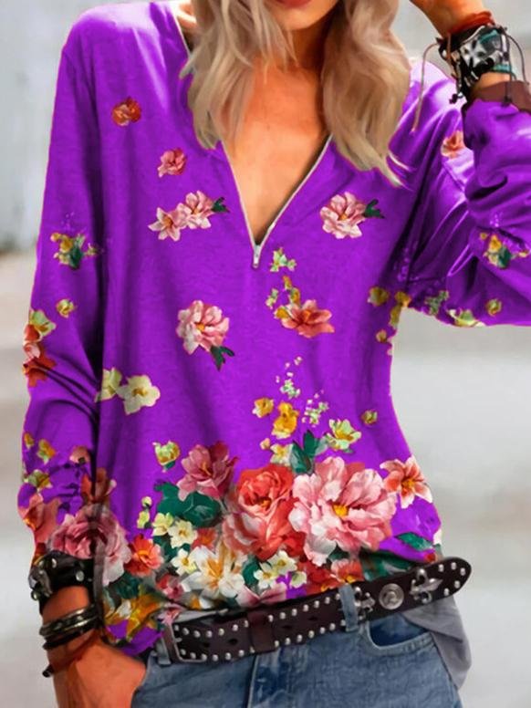Floral Print Zipper V-neck Long Sleeve Blouse - Blouses - INS | Online Fashion Free Shipping Clothing, Dresses, Tops, Shoes - 24/05/2021 - BLO210524289 - Category_Blouses