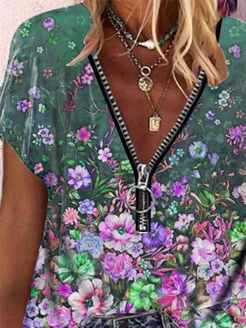 Floral Print Zipper V-neck Short Sleeve T-shirt - T-Shirts - INS | Online Fashion Free Shipping Clothing, Dresses, Tops, Shoes - 08/06/2021 - Category_T-Shirts - Color_Green