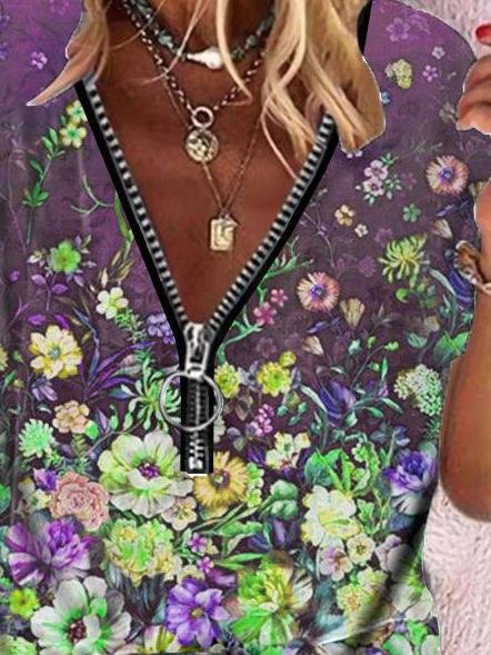 Floral Print Zipper V-neck Short Sleeve T-shirt - T-Shirts - INS | Online Fashion Free Shipping Clothing, Dresses, Tops, Shoes - 08/06/2021 - Category_T-Shirts - Color_Green