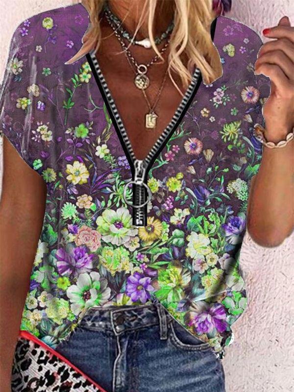 Floral Print Zipper V-neck Short Sleeve T-shirt - T-Shirts - INS | Online Fashion Free Shipping Clothing, Dresses, Tops, Shoes - 08/06/2021 - Category_T-Shirts - Color_Green