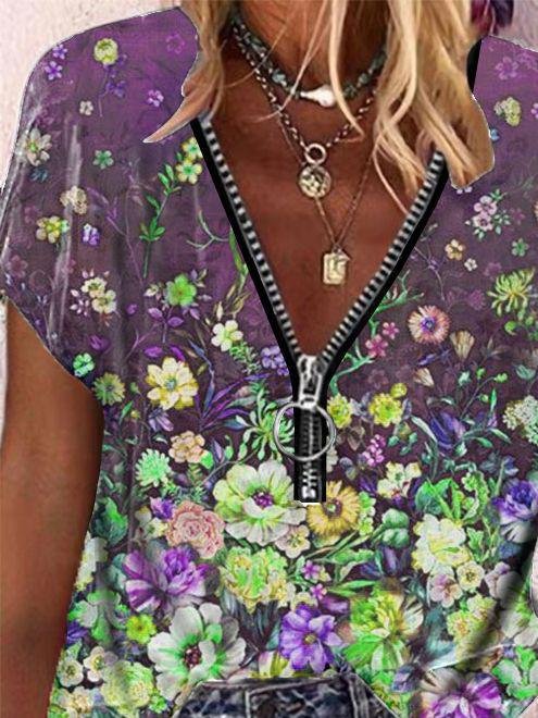 Floral Print Zipper V-neck Short Sleeve T-shirt - T-Shirts - INS | Online Fashion Free Shipping Clothing, Dresses, Tops, Shoes - 08/06/2021 - Category_T-Shirts - Color_Green