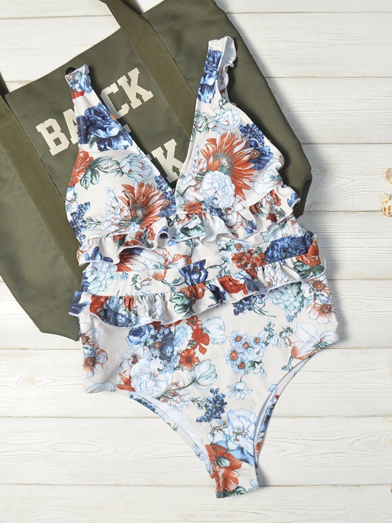 Floral Printed Backless Ruffle One-piece Swimsuit - Swimsuits - INS | Online Fashion Free Shipping Clothing, Dresses, Tops, Shoes - 06/04/2021 - L - M