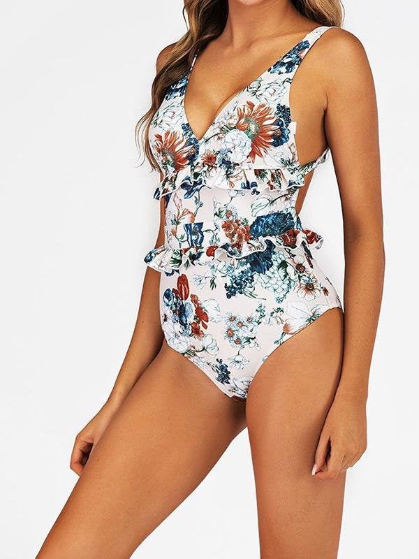 Floral Printed Backless Ruffle One-piece Swimsuit - Swimsuits - INS | Online Fashion Free Shipping Clothing, Dresses, Tops, Shoes - 06/04/2021 - AMZ - Color_White