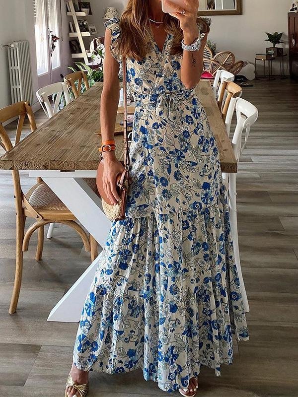 Floral Printed Bandage Maxi Dress - Maxi Dresses - INS | Online Fashion Free Shipping Clothing, Dresses, Tops, Shoes - 15/06/2021 - Color_Blue - Color_Red