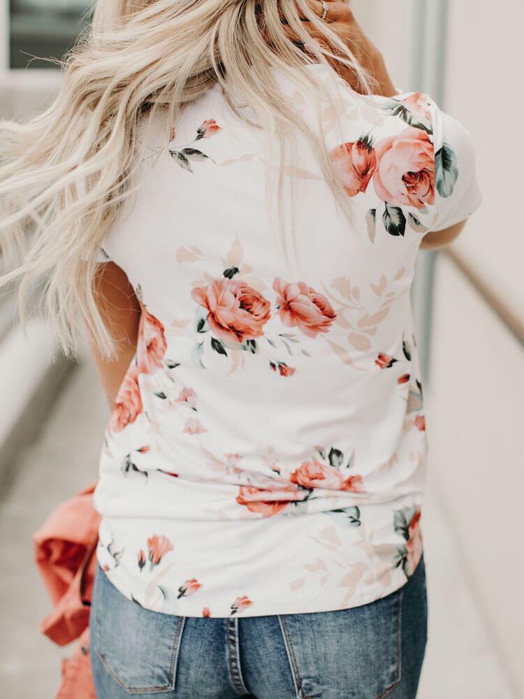 Floral Printed Stretchless Short Sleeve T-Shirt - T-Shirts - INS | Online Fashion Free Shipping Clothing, Dresses, Tops, Shoes - 13/04/2021 - Casual - Color_White