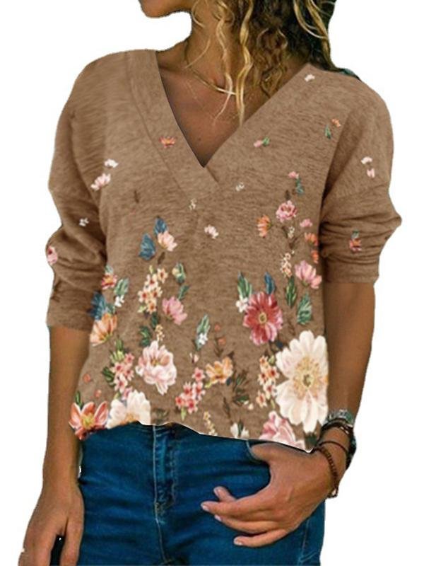 Floral Pullover Print Long Sleeve T-Shirt - T-Shirts - INS | Online Fashion Free Shipping Clothing, Dresses, Tops, Shoes - 13/04/2021 - Color_Brown - Color_Gray