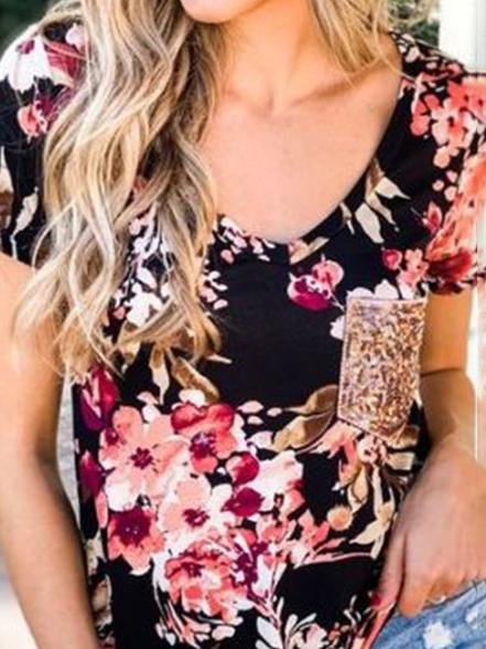 Floral Sequins Pocket V-neck T-shirt - T-shirts - INS | Online Fashion Free Shipping Clothing, Dresses, Tops, Shoes - 05/07/2021 - 20-30 - color-black