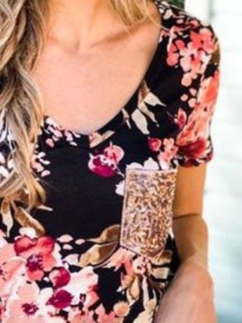 Floral Sequins Pocket V-neck T-shirt - T-shirts - INS | Online Fashion Free Shipping Clothing, Dresses, Tops, Shoes - 05/07/2021 - 20-30 - color-black