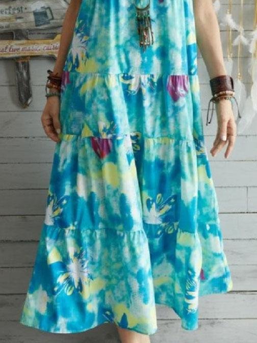 Floral Short Sleeve Round Neck Stitching High Waist Dress - Maxi Dresses - INS | Online Fashion Free Shipping Clothing, Dresses, Tops, Shoes - 04/06/2021 - Category_Maxi Dresses - Color_Cyan
