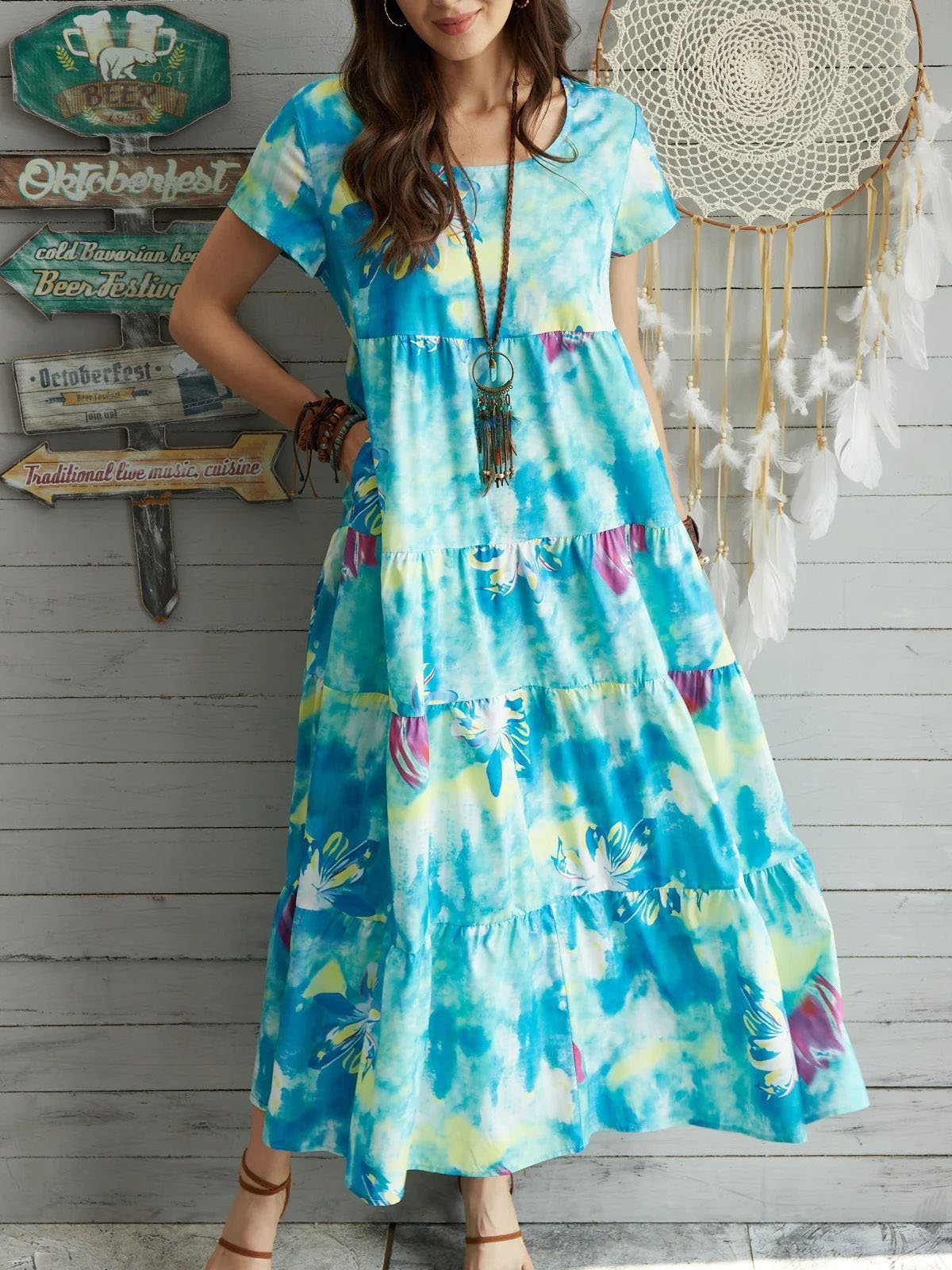 Floral Short Sleeve Round Neck Stitching High Waist Dress - Maxi Dresses - INS | Online Fashion Free Shipping Clothing, Dresses, Tops, Shoes - 04/06/2021 - Category_Maxi Dresses - Color_Cyan