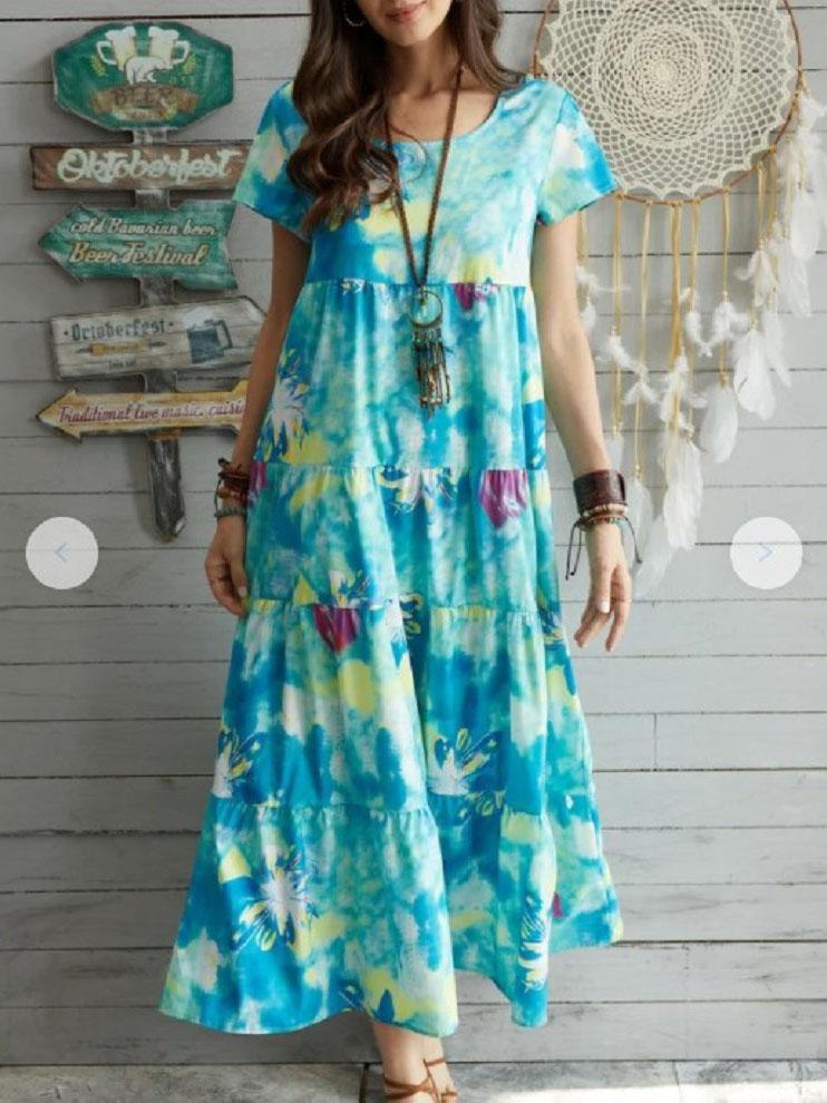Floral Short Sleeve Round Neck Stitching High Waist Dress - Maxi Dresses - INS | Online Fashion Free Shipping Clothing, Dresses, Tops, Shoes - 04/06/2021 - Category_Maxi Dresses - Color_Cyan