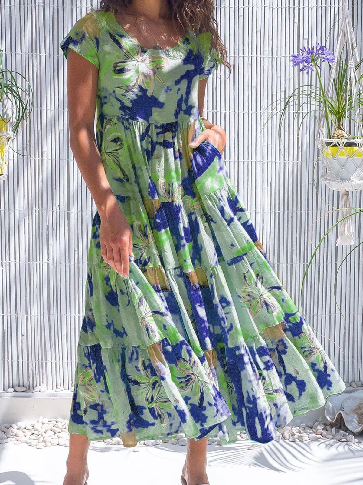Floral Short Sleeve Round Neck Stitching High Waist Dress - Maxi Dresses - INS | Online Fashion Free Shipping Clothing, Dresses, Tops, Shoes - 04/06/2021 - Category_Maxi Dresses - Color_Cyan