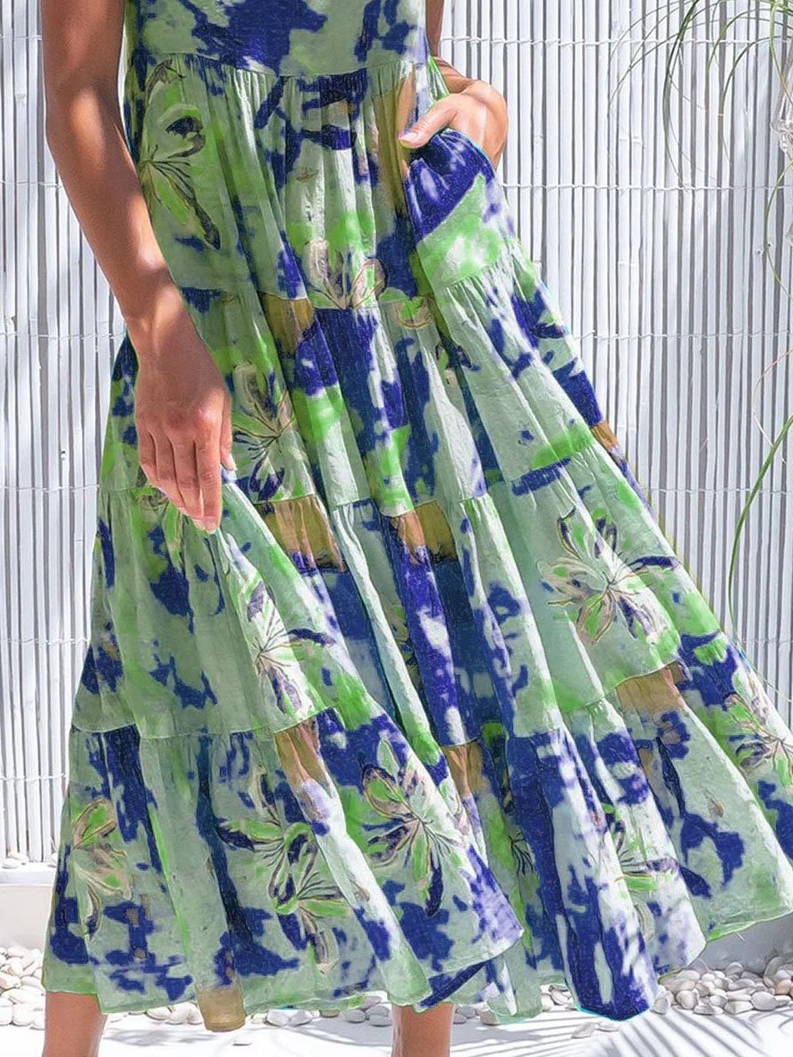 Floral Short Sleeve Round Neck Stitching High Waist Dress - Maxi Dresses - INS | Online Fashion Free Shipping Clothing, Dresses, Tops, Shoes - 04/06/2021 - Category_Maxi Dresses - Color_Cyan