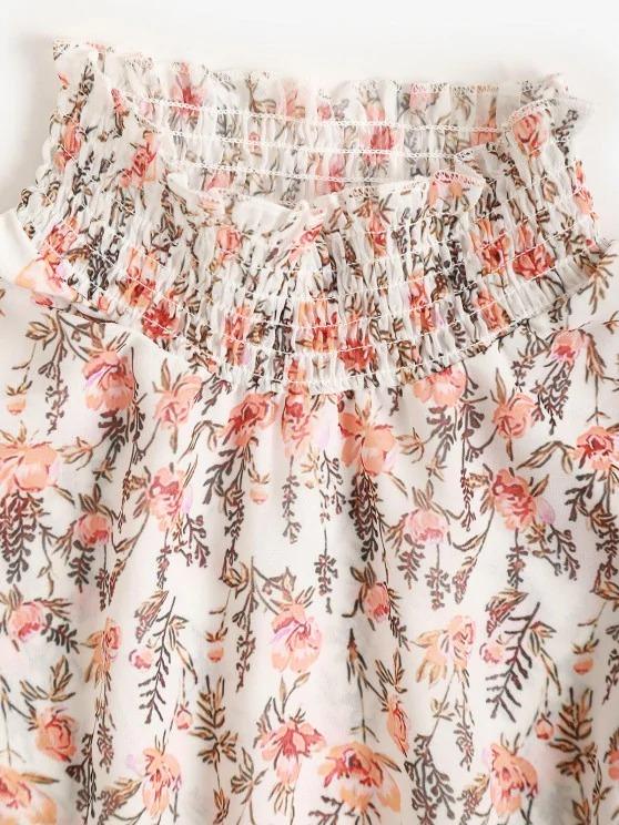 Floral Smocked Layered Hem Poet Sleeve Dress - Midi Dresses - INS | Online Fashion Free Shipping Clothing, Dresses, Tops, Shoes - 02/09/2021 - Casual - Color_White