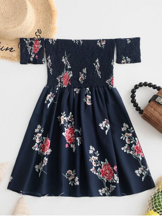 Floral Smocked Off Shoulder Mini Dress - Dresses - INS | Online Fashion Free Shipping Clothing, Dresses, Tops, Shoes - Black - Blue - Color_Black