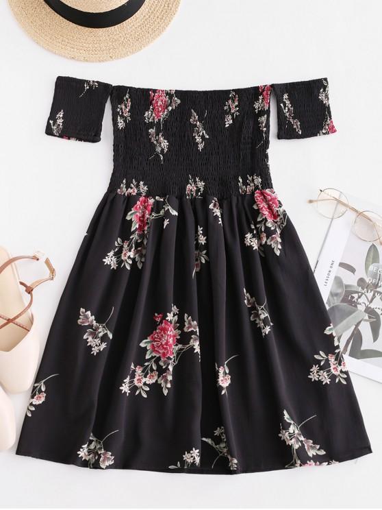 Floral Smocked Off Shoulder Mini Dress - Dresses - INS | Online Fashion Free Shipping Clothing, Dresses, Tops, Shoes - Black - Blue - Color_Black