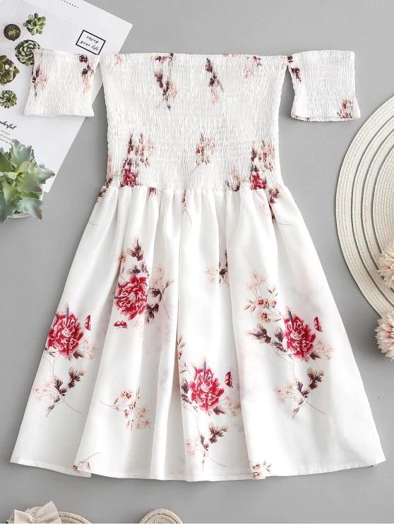 Floral Smocked Off Shoulder Mini Dress - Dresses - INS | Online Fashion Free Shipping Clothing, Dresses, Tops, Shoes - Black - Blue - Color_Black