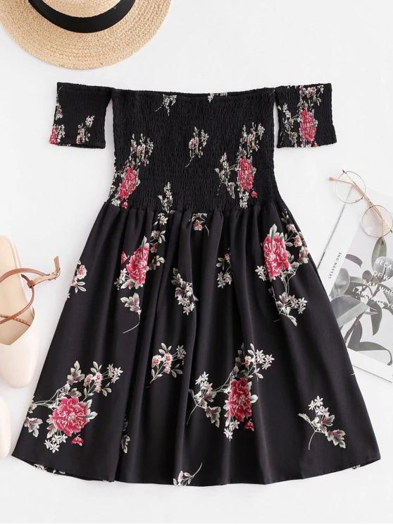 Floral Smocked Off Shoulder Mini Dress - Dresses - INS | Online Fashion Free Shipping Clothing, Dresses, Tops, Shoes - Black - Blue - Color_Black