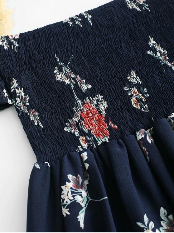 Floral Smocked Off Shoulder Mini Dress - Dresses - INS | Online Fashion Free Shipping Clothing, Dresses, Tops, Shoes - Black - Blue - Color_Black