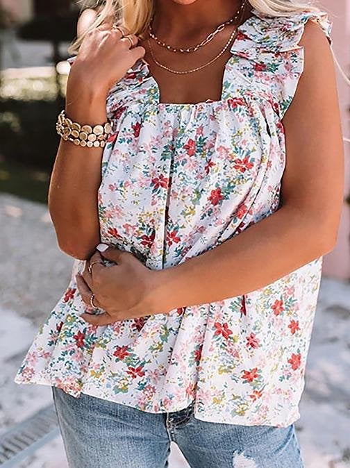 Floral Square Neck Sleeveless Loose Tank Tops - Tank Tops - INS | Online Fashion Free Shipping Clothing, Dresses, Tops, Shoes - 10-20 - 28/06/2021 - Category_Tank Tops