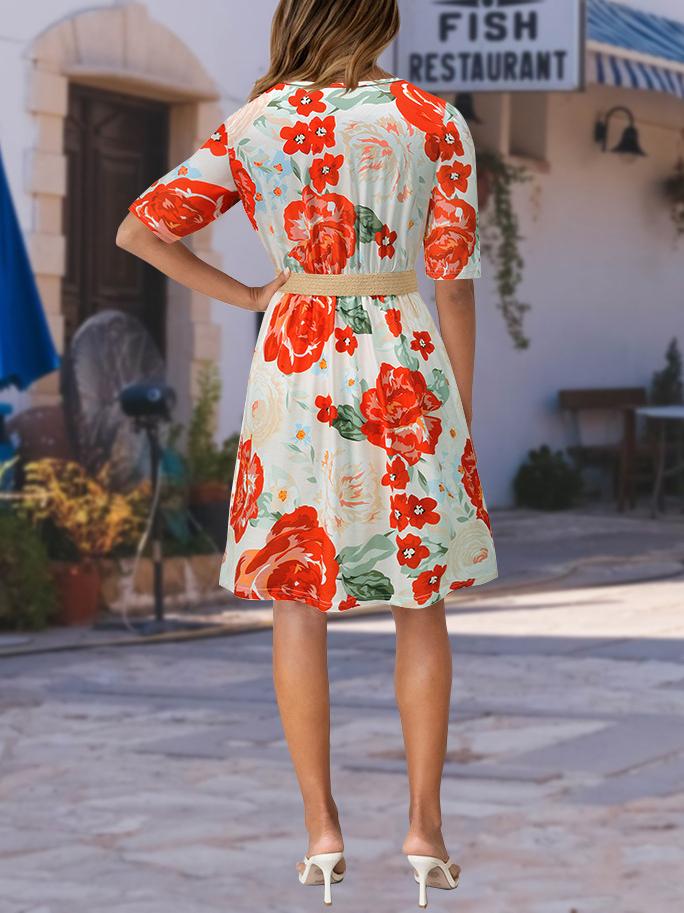 Floral V Neck Mini Dress With Belt - Mini Dresses - INS | Online Fashion Free Shipping Clothing, Dresses, Tops, Shoes - 20-30 - 23/06/2021 - color-blue