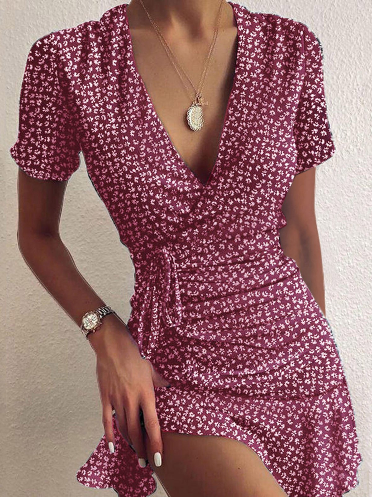 Floral V-neck Short Sleeve Ruffled Dress - Mini Dresses - INS | Online Fashion Free Shipping Clothing, Dresses, Tops, Shoes - 16/06/2021 - 20-30 - color-black