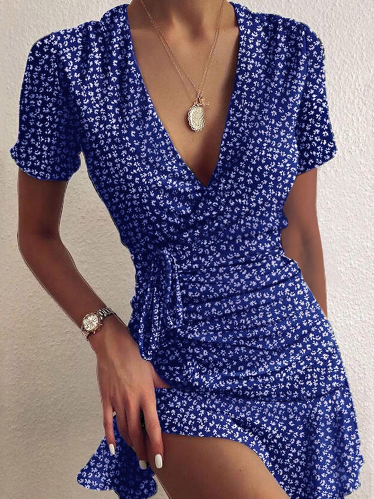 Floral V-neck Short Sleeve Ruffled Dress - Mini Dresses - INS | Online Fashion Free Shipping Clothing, Dresses, Tops, Shoes - 16/06/2021 - 20-30 - color-black