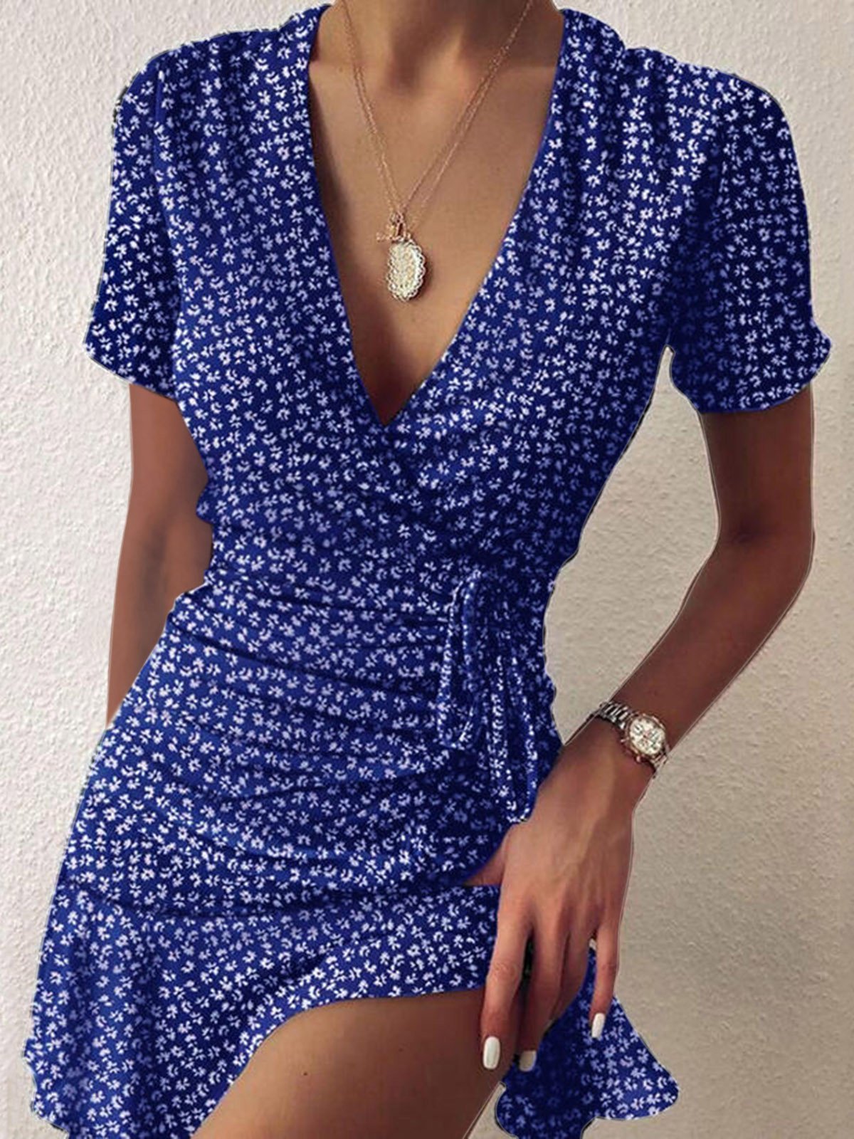 Floral V-neck Short Sleeve Ruffled Dress - Mini Dresses - INS | Online Fashion Free Shipping Clothing, Dresses, Tops, Shoes - 16/06/2021 - 20-30 - color-black