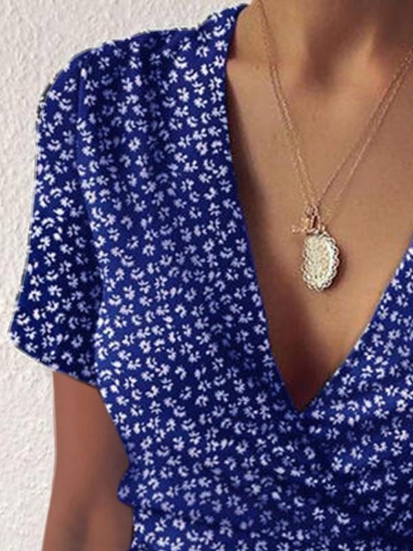 Floral V-neck Short Sleeve Ruffled Dress - Mini Dresses - INS | Online Fashion Free Shipping Clothing, Dresses, Tops, Shoes - 16/06/2021 - 20-30 - color-black