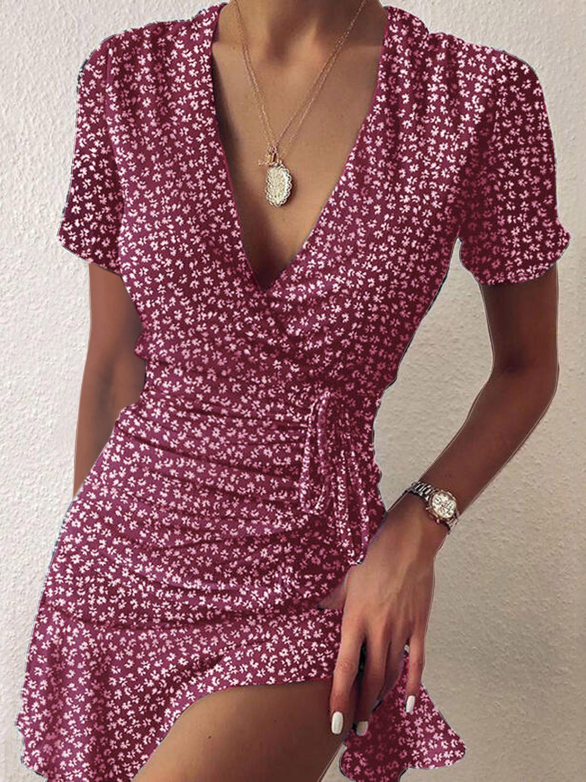 Floral V-neck Short Sleeve Ruffled Dress - Mini Dresses - INS | Online Fashion Free Shipping Clothing, Dresses, Tops, Shoes - 16/06/2021 - 20-30 - color-black