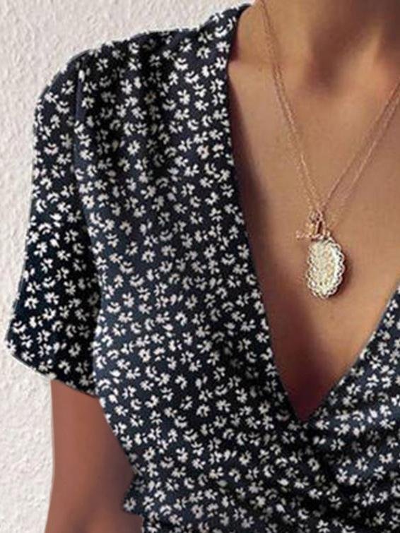 Floral V-neck Short Sleeve Ruffled Dress - Mini Dresses - INS | Online Fashion Free Shipping Clothing, Dresses, Tops, Shoes - 16/06/2021 - 20-30 - color-black