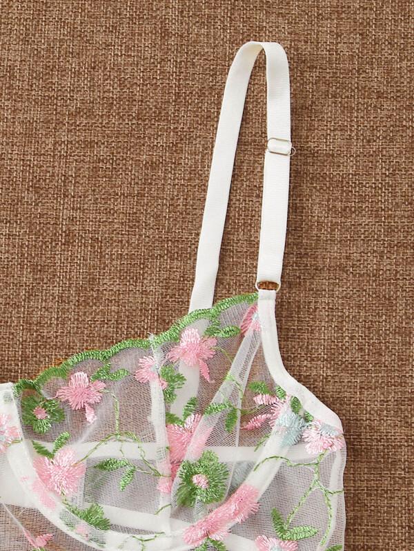 Flower Embroidery Mesh Bra & Thong & Garter - INS | Online Fashion Free Shipping Clothing, Dresses, Tops, Shoes
