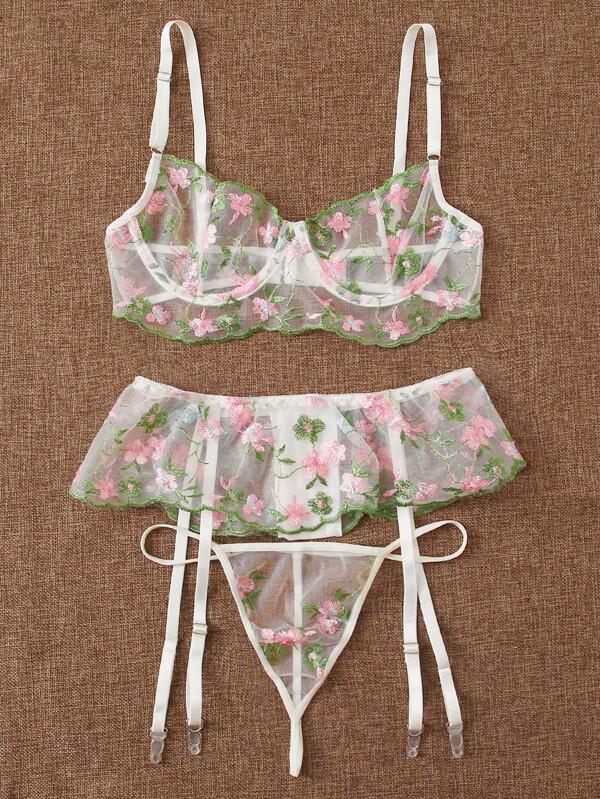 Flower Embroidery Mesh Bra & Thong & Garter - INS | Online Fashion Free Shipping Clothing, Dresses, Tops, Shoes
