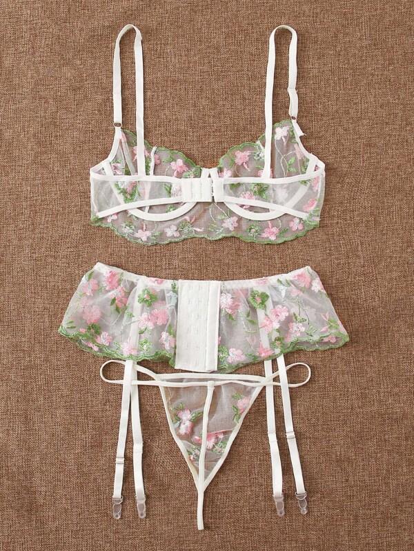 Flower Embroidery Mesh Bra & Thong & Garter - INS | Online Fashion Free Shipping Clothing, Dresses, Tops, Shoes