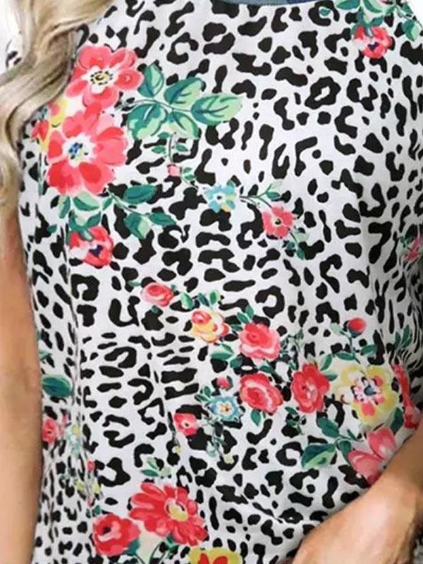 Flower Leopard Print Short Sleeve Crew Neck T-Shirt - T-Shirts - INS | Online Fashion Free Shipping Clothing, Dresses, Tops, Shoes - 09/07/2021 - 20-30 - Category_T-Shirts