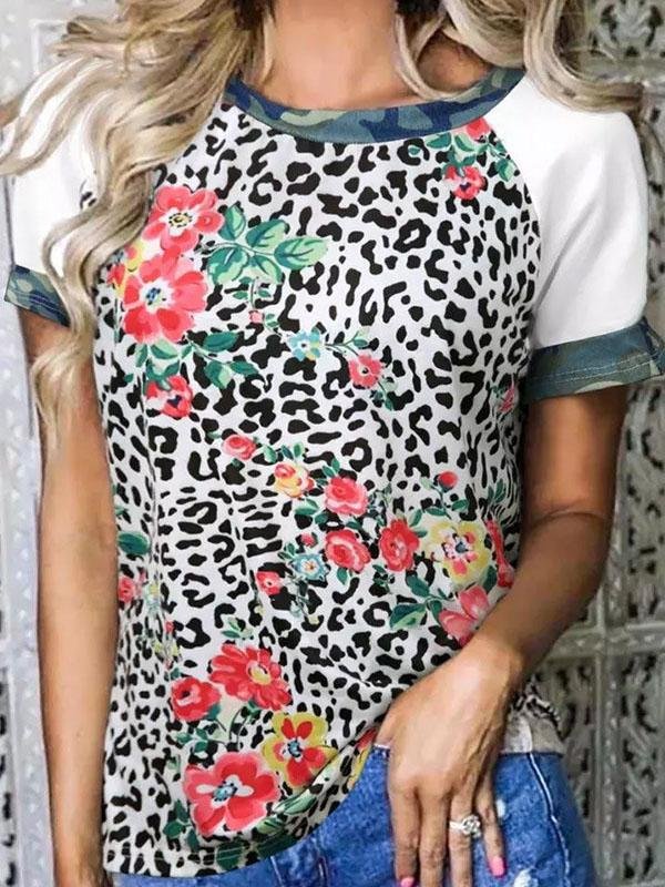 Flower Leopard Print Short Sleeve Crew Neck T-Shirt - T-Shirts - INS | Online Fashion Free Shipping Clothing, Dresses, Tops, Shoes - 09/07/2021 - 20-30 - Category_T-Shirts