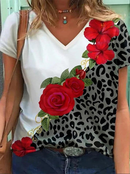 Flower Leopard Print V-Neck Short Sleeve T-Shirt - T-Shirts - INS | Online Fashion Free Shipping Clothing, Dresses, Tops, Shoes - 05/07/2021 - 10-20 - Category_T-Shirts
