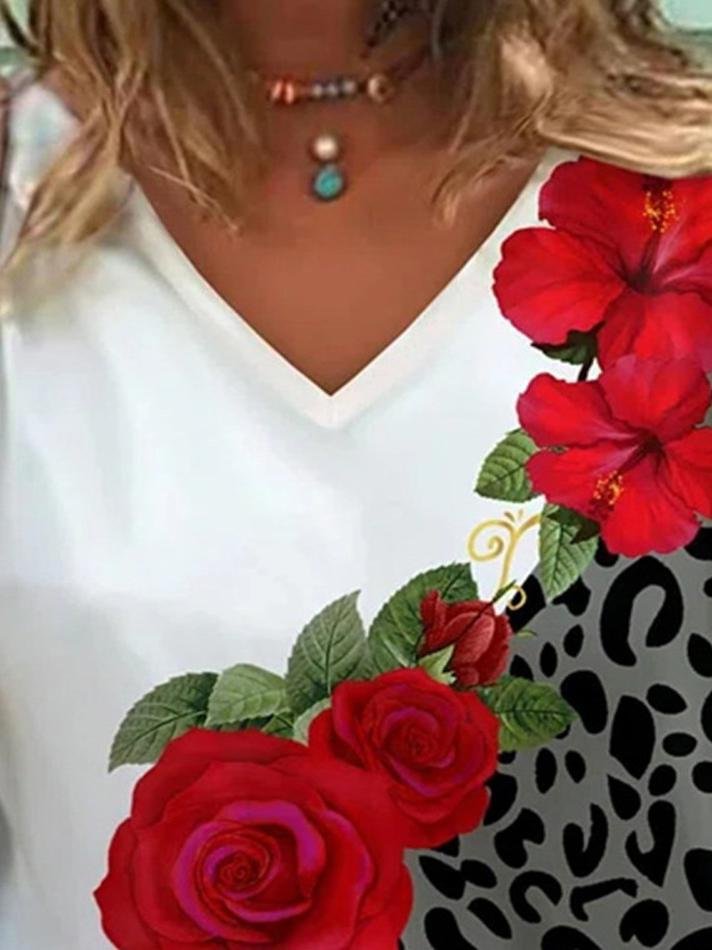 Flower Leopard Print V-Neck Short Sleeve T-Shirt - T-Shirts - INS | Online Fashion Free Shipping Clothing, Dresses, Tops, Shoes - 05/07/2021 - 10-20 - Category_T-Shirts