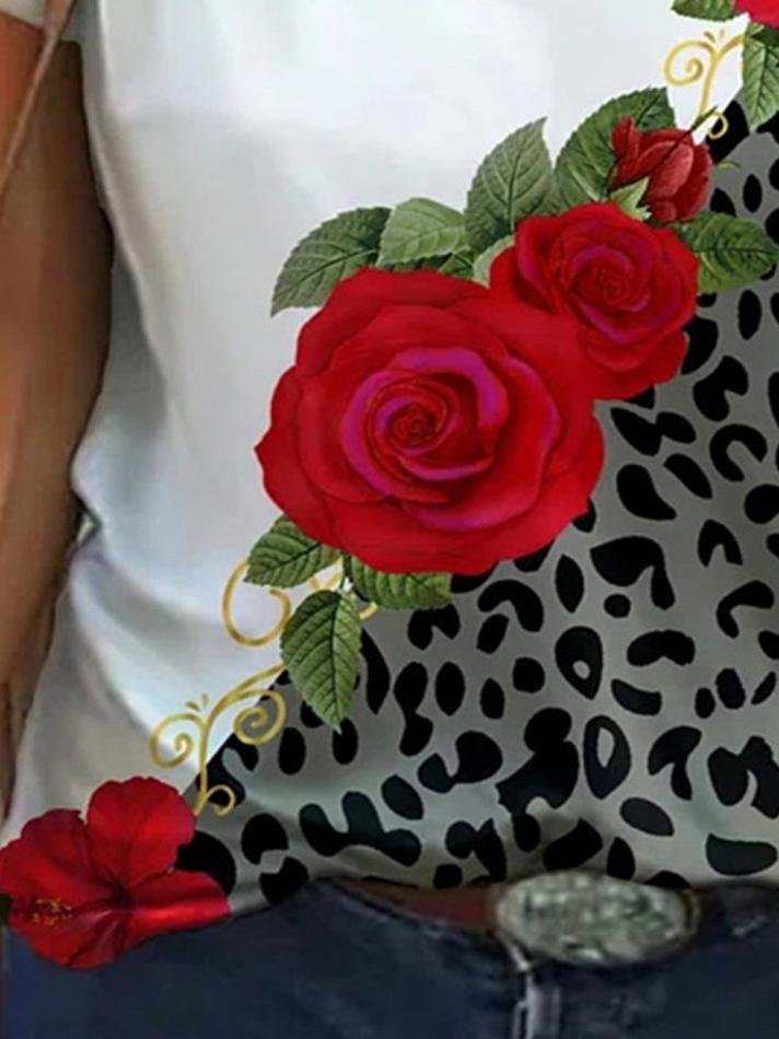 Flower Leopard Print V-Neck Short Sleeve T-Shirt - T-Shirts - INS | Online Fashion Free Shipping Clothing, Dresses, Tops, Shoes - 05/07/2021 - 10-20 - Category_T-Shirts