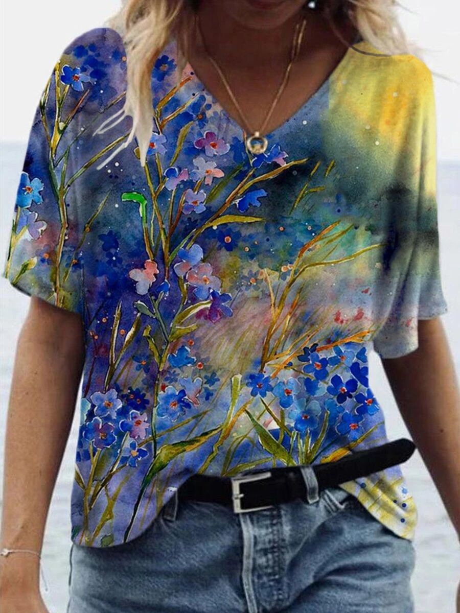 Flower Painting Print Short-sleeved T-shirt - T-shirts - INS | Online Fashion Free Shipping Clothing, Dresses, Tops, Shoes - 09/06/2021 - Color_Blue - Size_2XL