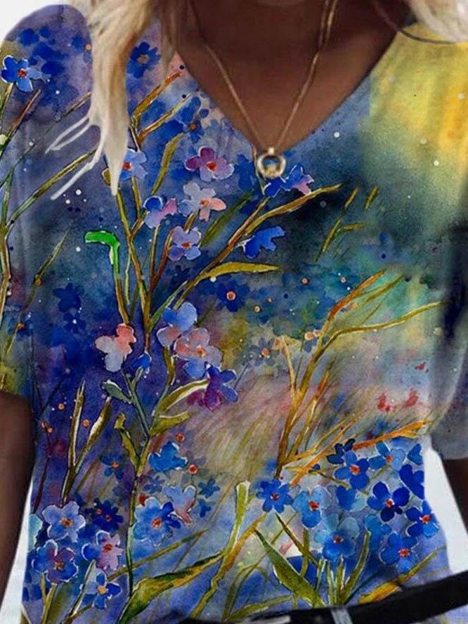 Flower Painting Print Short-sleeved T-shirt - T-shirts - INS | Online Fashion Free Shipping Clothing, Dresses, Tops, Shoes - 09/06/2021 - Color_Blue - Size_2XL