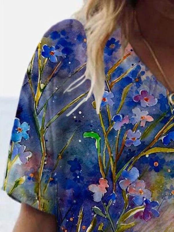Flower Painting Print Short-sleeved T-shirt - T-shirts - INS | Online Fashion Free Shipping Clothing, Dresses, Tops, Shoes - 09/06/2021 - Color_Blue - Size_2XL