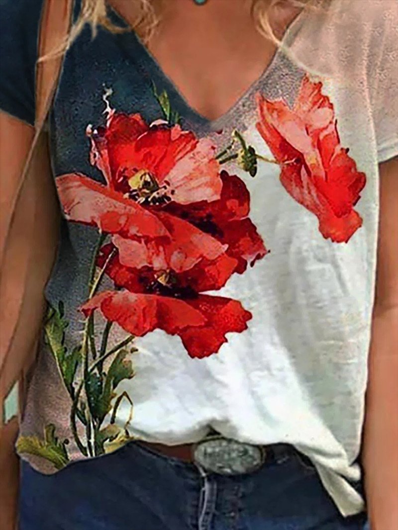 Flower Print Casual V-neck Short Sleeve T-shirt - T-Shirts - INS | Online Fashion Free Shipping Clothing, Dresses, Tops, Shoes - 01/06/2021 - Category_T-Shirts - Color_White