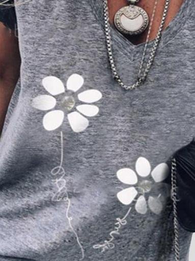 Flower Print Casual V-Neck Short Sleeve T-Shirt - T-Shirts - INS | Online Fashion Free Shipping Clothing, Dresses, Tops, Shoes - 10-20 - 28/06/2021 - Category_T-Shirts